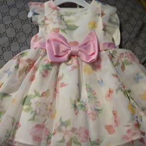Rare Editions White Floral Dress with Pink Bow